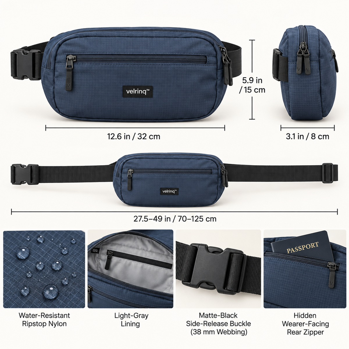 velrniq™ RainArc Adjustable Water-Resistant Waist Pack