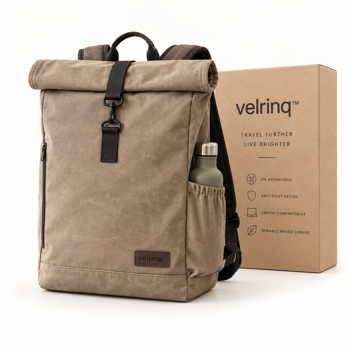 velrniq™ RouteVault Anti-Theft Roll-Top Travel Backpack