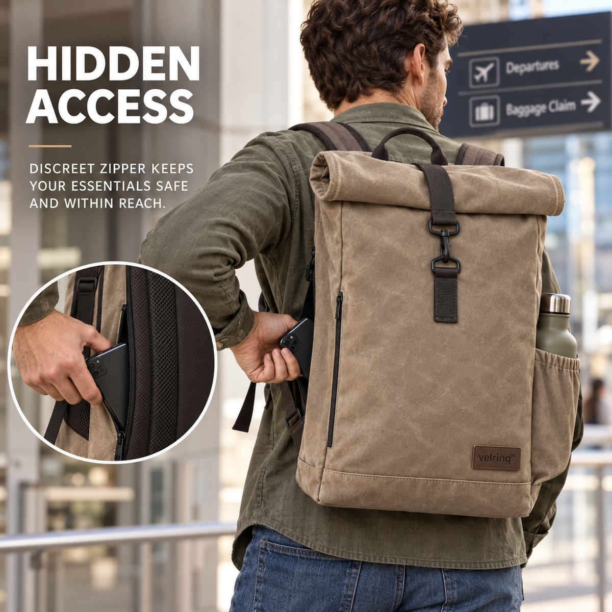 velrniq™ RouteVault Anti-Theft Roll-Top Travel Backpack