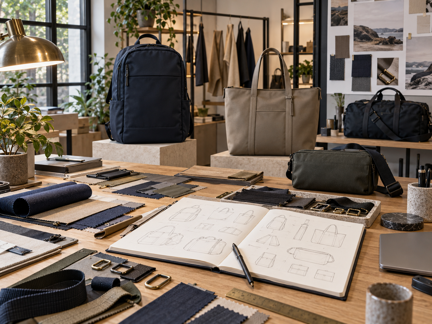 velrinq bag design studio with materials and travel accessories